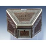 A 19th C. INDIAN INLAID AND CARVED WOOD STATIONERY BOX, A HOUSE CARVED ON THE SLOPING FRONT OF THE