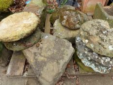 VARIOUS ANTIQUE STADDLE STONE BASES AND TOPS