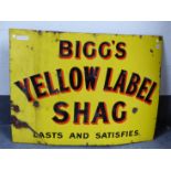 A VINTAGE YELLOW GROUND ENAMEL SIGN INSCRIBED IN RED AND BLACK BIGGS YELLOW LABEL SHAG. 103 x