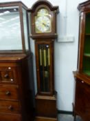 A 20th C. MAHOGANY LONG CASED CLOCK, THE THREE TRAIN MOVEMENT CHIMING ON EIGHT RODS, TEMPUS FUGIT
