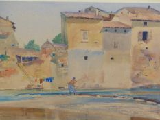 JOHN MOORE (20th C.) THE SUNDAY FISHERMAN, RIVER DROME, SIGNED, WATERCOLOUR, GALLERY LABEL VERSO. 38
