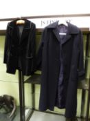 A LADIES WOOL OVERCOAT BY LAMPERT, TOGETHER WITH A LADIES VELVET DRESS JACKET.