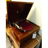 AN EARLY 20th C. MAHOGANY CASED PATHE ORPHEUS RACK AND PINION GRAMOPHONE, THE CASE. W 54cms.