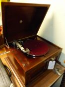 AN EARLY 20th C. MAHOGANY CASED PATHE ORPHEUS RACK AND PINION GRAMOPHONE, THE CASE. W 54cms.
