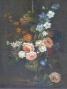 19th C. SCHOOL AFTER THE OLD MASTERS. A FLORAL STILL LIFE, OIL ON PANEL. 54 x 45cms. SWEPT GILT