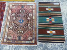 A PERSIAN HAMADAM RUG TOGETHER WITH A FLAT WEAVE RUG120 x 64 cms