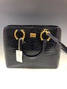 A GIANFRANCE FERRE NAVY CROC EMBOSSED HANDBAG WITH GOLD LOGO WITH NUMBER 53735. H 25 x W 31cms.