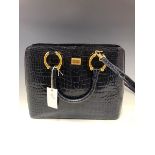 A GIANFRANCE FERRE NAVY CROC EMBOSSED HANDBAG WITH GOLD LOGO WITH NUMBER 53735. H 25 x W 31cms.