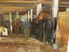 20th C. SCHOOL. IN THE STABLE, INDISTINCTLY INITIALLED, OIL ON BOARD. 51 x 61cms