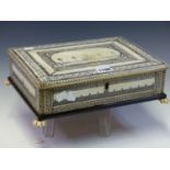 A 18th/19th C. VIZAGATAM IVORY MOUNTED BOX, THE HINGED LID AND SIDES ENGRAVED WITH FENCED