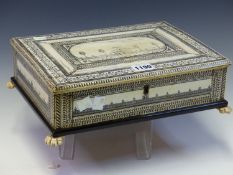 A 18th/19th C. VIZAGATAM IVORY MOUNTED BOX, THE HINGED LID AND SIDES ENGRAVED WITH FENCED