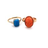 A CARVED PORTRAIT CORAL RING TOGETHER WITH A VINTAGE TURQUOISE RING, BOTH STAMPED 9ct, ASSESSED AS