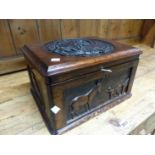 A VICTORIAN CARVED WALNUT FOLK ART BOX, INTERIOR FITTED TRAY. W 36cms