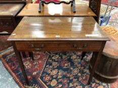 A 19th C. CROSS BANDED MAHOGANY TABLE WITH A SINGLE DRAWER ON TAPERING SQUARE LEGS. W 81 x D 46 x