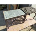 A MARBLE TOP TABLE ON WROUGHT IRON BASE, TOGETHER WITH A SIMILAR SMALLER EXAMPLE AND A IRON FOOTMAN
