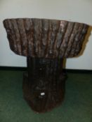 AN ANTIQUE MOULDED STONEWARE RUSTIC PLANTER CIRCULAR BOWL ABOVE TRUNK FROM BASE D 62 H 64cms