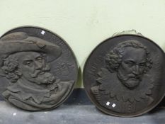 TWO 19th C. CAST IRON RELIEF ROUNDELS DEPICTING WILLIAM SHAKESPERE AND PAUL PETER RUBENS. Dia.