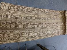 TWO PANELS OF KUBA RAFFIA MATTING, BOTH WORKED WITH GEOMETRIC PATTERNS IN CREAM AND BROWN. 215 x