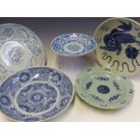 FOUR VARIOUS CHINESE BLUE AND WHITE PLATES TOGETHER WITH ANOTHER WITH A CELADON GROUND PAINTED