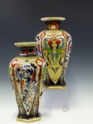 A PAIR OF NORITAKE HEXAGONAL VASES PAINTED WITH ALTERNATING LAPPET PANELS OF DRAGONS AND PHOENIX.