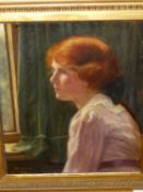 EARLY 20th.C ENGLISH SCHOOL. PORTRAIT OF A RED HAIRED GIRL, SIGNED AND DATED INDISTINCTLY, OIL ON