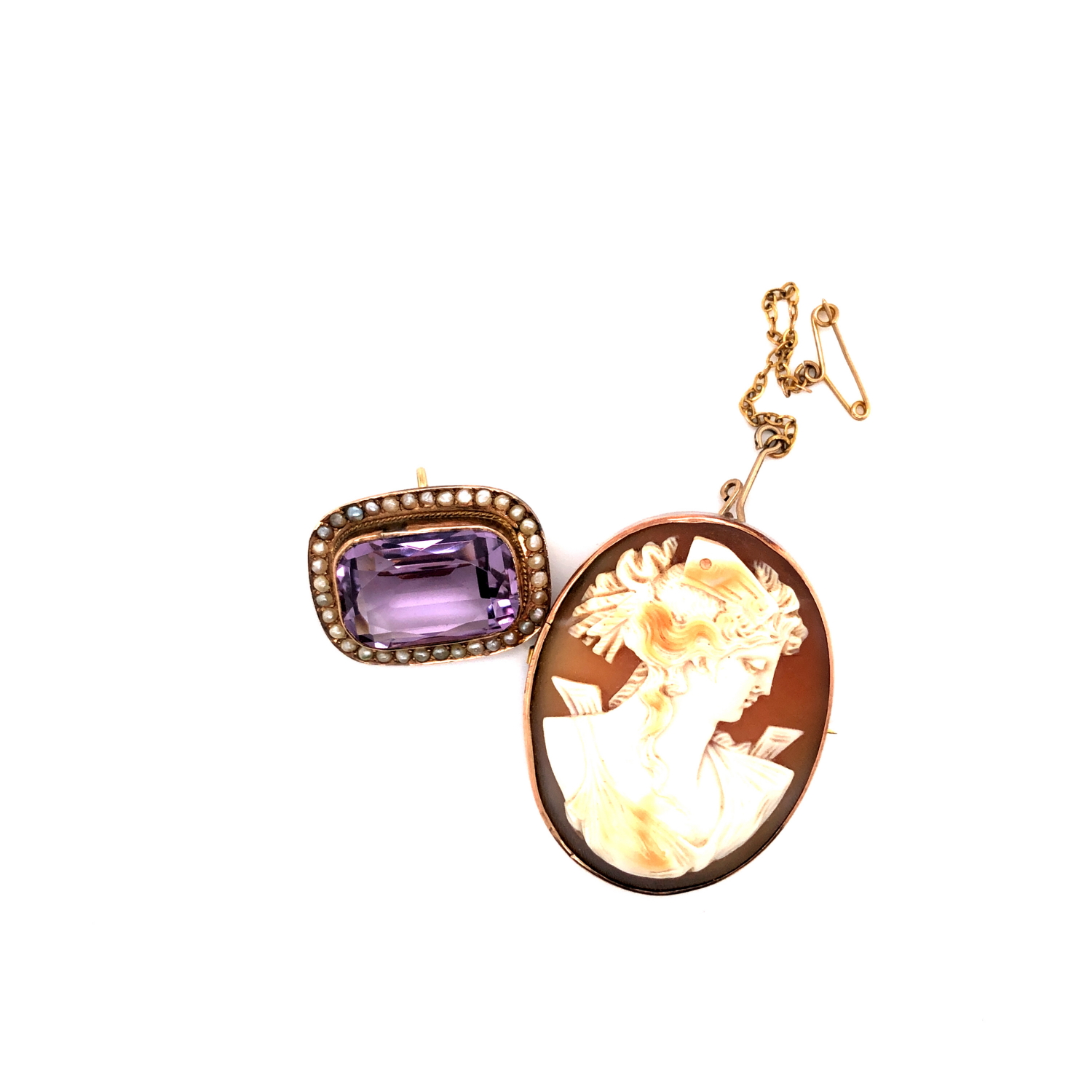 A VINTAGE 9ct HALLMARKED AMETHYST AND SEED PEARL BROOCH, TOGETHER WITH A EARLY 20th CENTURY PORTRAIT - Image 2 of 3