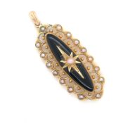 AN ANTIQUE SEED PEARL MOURNING PENDANT. THE GLAZED REVERSE PANEL WITH WOVEN HAIR. UNHALLMARKED,