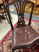 A SET OF SIX ANTIQUE MAHOGANY DINING CHAIRS, EACH WITH ANTHEMION CENTRED TOP RAIL FLANKED BY FOLIAGE