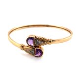 A 9ct HALLMARKED GOLD, AMETHYST AND DIAMOND FLEXI BANGLE. WEIGHT 8.88grms.