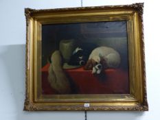 LATE 19th. C SCHOOL. AFTER SIR EDWIN LANDSEER. TWO KING CHARLES SPANIELS, OIL ON CANVAS. 54 x 64cms