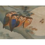 MATSUZAKI JAPANESE 19th/20th C. THREE WATERCOLOURS ON SILK OF BIRDS, SIGNED. 39 x 70cms (3)