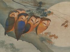 MATSUZAKI JAPANESE 19th/20th C. THREE WATERCOLOURS ON SILK OF BIRDS, SIGNED. 39 x 70cms (3)