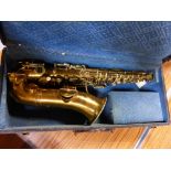 A HAWKES & SONS VINTAGE ALTO SAXOPHONE IN SOLID TRAVELLING CASE WITH BOOSEY & HAWKES RECEIPT