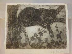 OROVIDA PISSARO (1893-1968) ARR. A SLEEPING JAGUAR, PENCIL SIGNED ETCHING. 9.5 x 12cms UNFRAMED