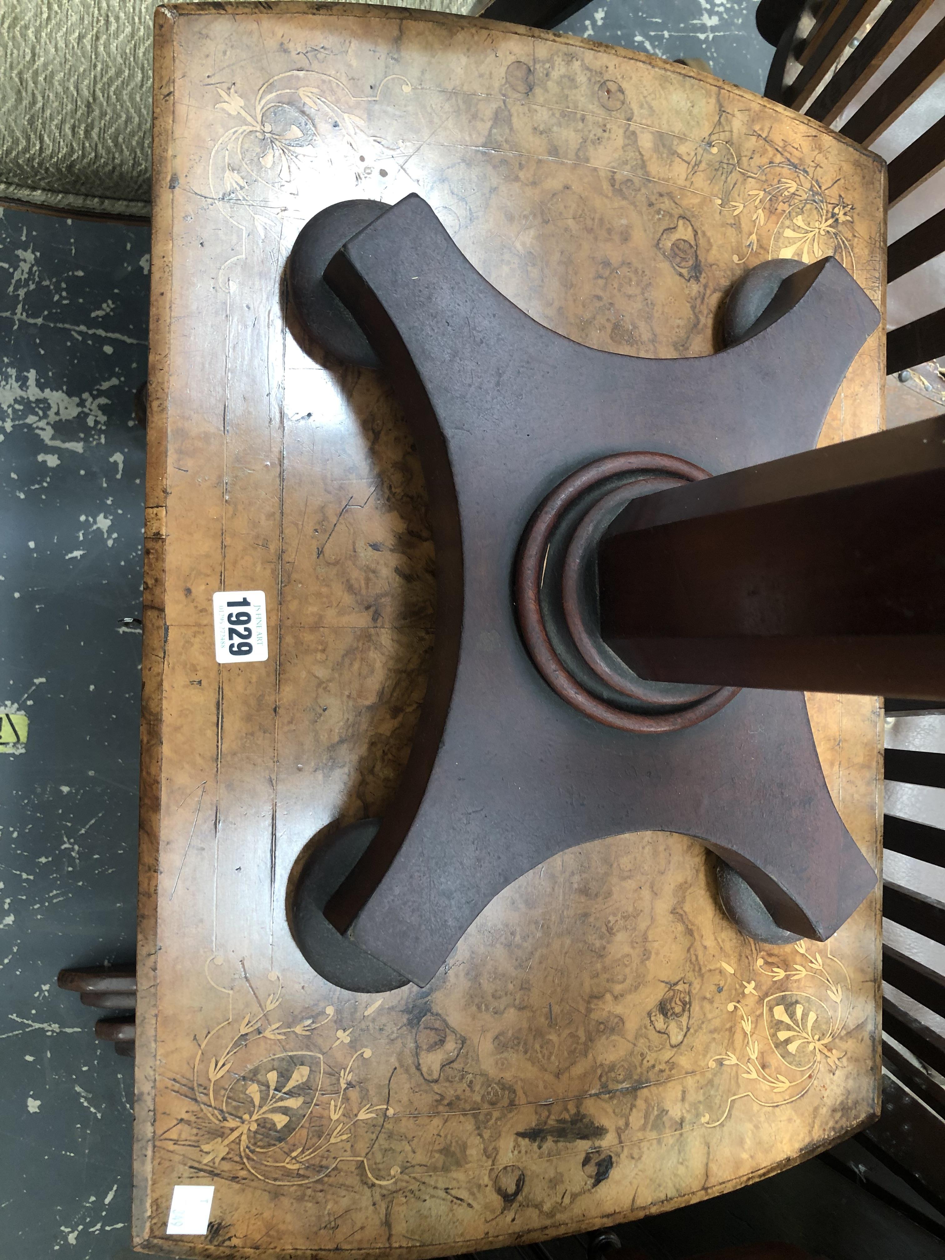 A VICTORIAN MARQUETRIED BURR WALNUT WORK TABLE, THE LIFT UP TOP INLAID WITH ANTHEMION MOTIFS TO EACH - Image 6 of 11