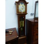 A 20th C. MAHOGANY LONG CASED CLOCK, THE THREE TRAIN MOVEMENT CHIMING ON ELEVEN RODS, A MOON PHASE