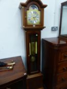 A 20th C. MAHOGANY LONG CASED CLOCK, THE THREE TRAIN MOVEMENT CHIMING ON ELEVEN RODS, A MOON PHASE