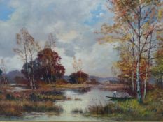 20th C. CONTINENTAL SCHOOL. A LAKE VIEW, SIGNED INDISTINCTLY, OIL ON CANVAS. 60 x 100cms TOGETHER