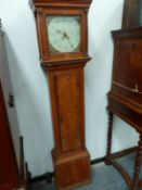 JONATHAN MARDENS, HITCHEN, A 19th C. PINE LONG CASED 30 HOUR CLOCK, THE SQUARE PAINTED DIAL WITH