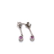 A PAIR OF 18ct WHITE GOLD HALLMARKED DIAMOND AND PINK GEMSET DROP EARRINGS. WEIGHT 3.97grms.