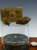 A MCKECHNIE GILT METAL WW1 TANK PAPERWEIGHT, AN OPEN FACED POCKET WATCH, A MCNESTY PADLOCK AND