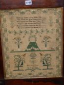 MARY ANN EDNEY 1839 SAMPLER WORKED WITH BIRDS, SHEEP AND TREES BELOW A VERSE, THE ROSEWOOD FRAME. 52