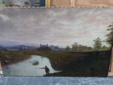 19th C. AMERICAN NAIVE SCHOOL. RIVERSIDE VIEW OF A MILL TOWN, SIGNED INDISTINCTLY, OIL ON