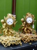 A PAIR OF 19th C. ORMOLU CASED CLOCKS BY MIROY FRERES, THE MOVEMENT STRIKING ON A BELL, THE CIRCULAR