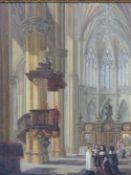 D. HODGSON JNR.18th/19th CENTURY CATHEDRAL INTERIOR, SIGNED, OIL ON PANEL, OLD LABELS VERSO. 28 x