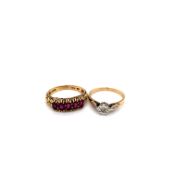 TWO HALLMARKED 9ct GOLD DRESS RINGS. THE FIRST A FIVE STONE RUBY RING IN A CARVED SETTING,