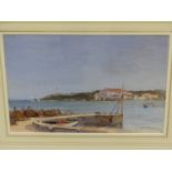 FRANCIS RUSSELL FLINT (1915-1977) A MEDITERRANAEN JETTY, SIGNED, WATERCOLOUR, GALLERY LABELS