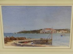 FRANCIS RUSSELL FLINT (1915-1977) A MEDITERRANAEN JETTY, SIGNED, WATERCOLOUR, GALLERY LABELS