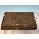 AN ANTIQUE EASTERN WHITE METAL LARGE SNUFF OR TOBACCO BOX WITH OVERLAID FILIGREE DECORATION.