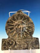 AN ANTIQUE CAST LEAD FIRE MARK WITH SUN ABOVE NUMBERS 425573 18CM HIGH